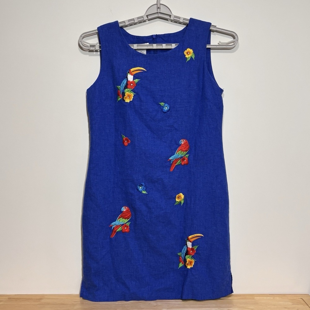 AGB Dress Blue Linen Blend Parrot Toucan Embroidered Hawaiian Cruise Sz‎ 12P